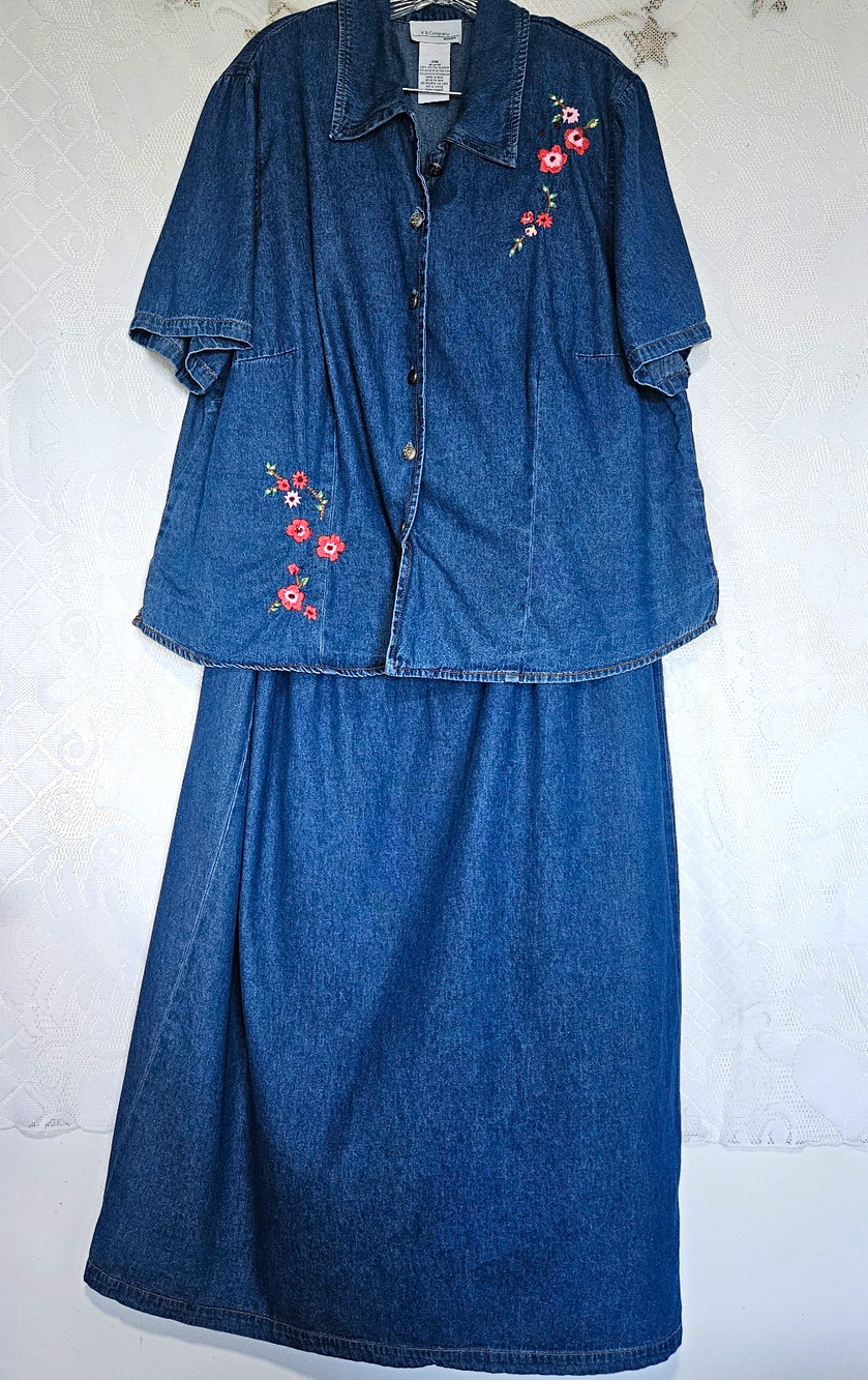 K & Company 22W Plus 2 Piece Denim Maxi Dress Set Floral Embroidered Cottagecore